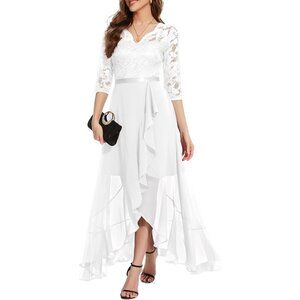 Women's A-white V-Neck  Hi-Lo Floral Lace Prom Cocktail Party Formal Dress